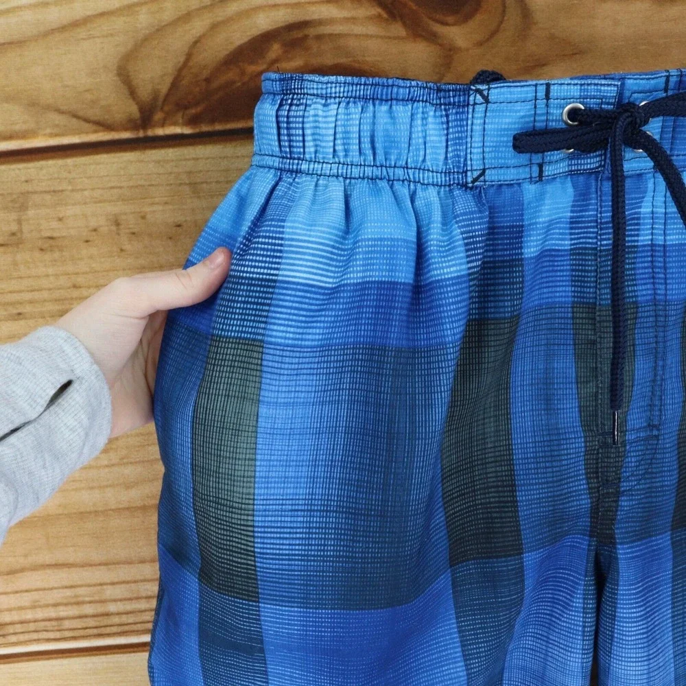 Sonoma Life + Style Swim Trunks w/Liner Mens Sz M Blue Checks Pockets Drawstring